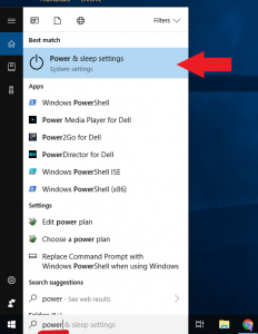 image of windows 10 search on power and sleep settings