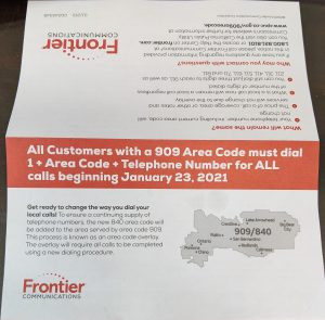 notice letter about a new area code 840 to 909 region