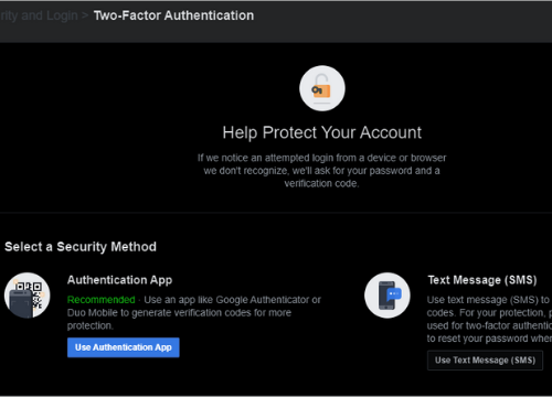 mutli-factor authentication options to choose on Facbook account for desktop