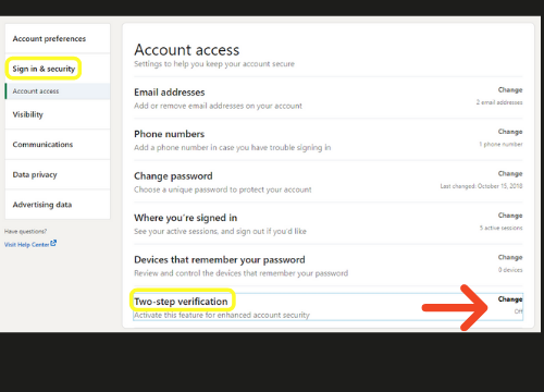 desktop LinkedIn settings screenshot on how to set up multi-factor authentication
